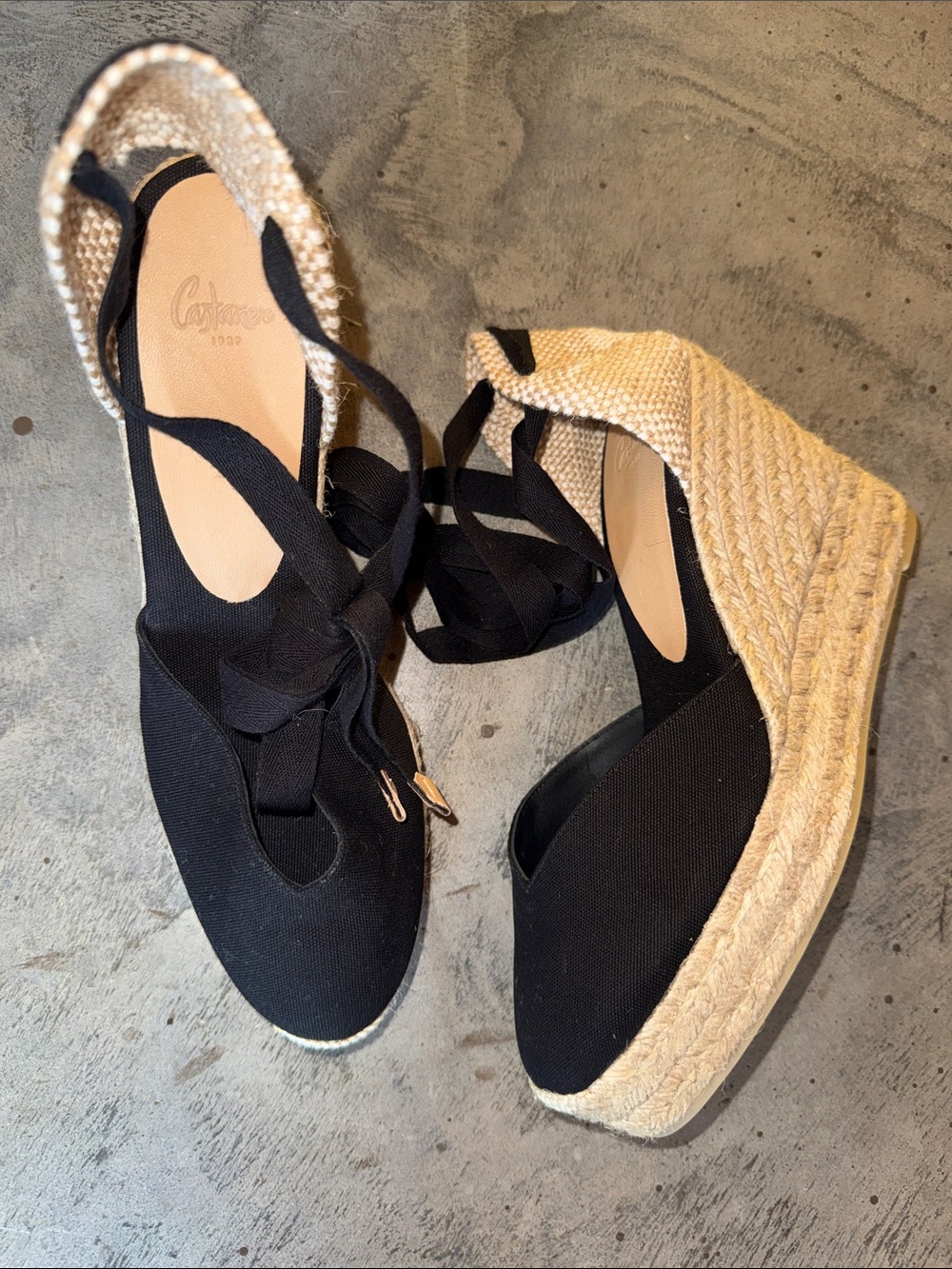 Castaner Black Canvas Espadrille Wedge with Wrap Ankle Ties
